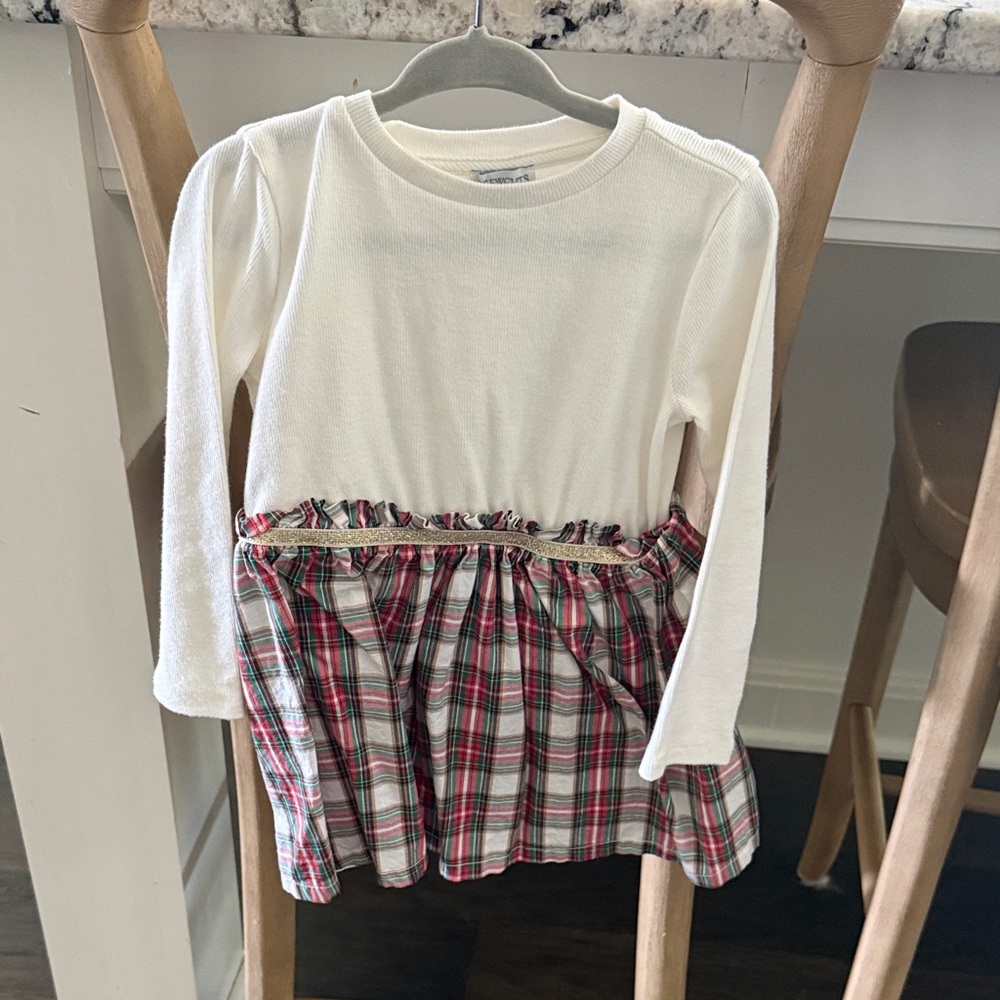 Girls' White Long-Sleeve Plaid Dress